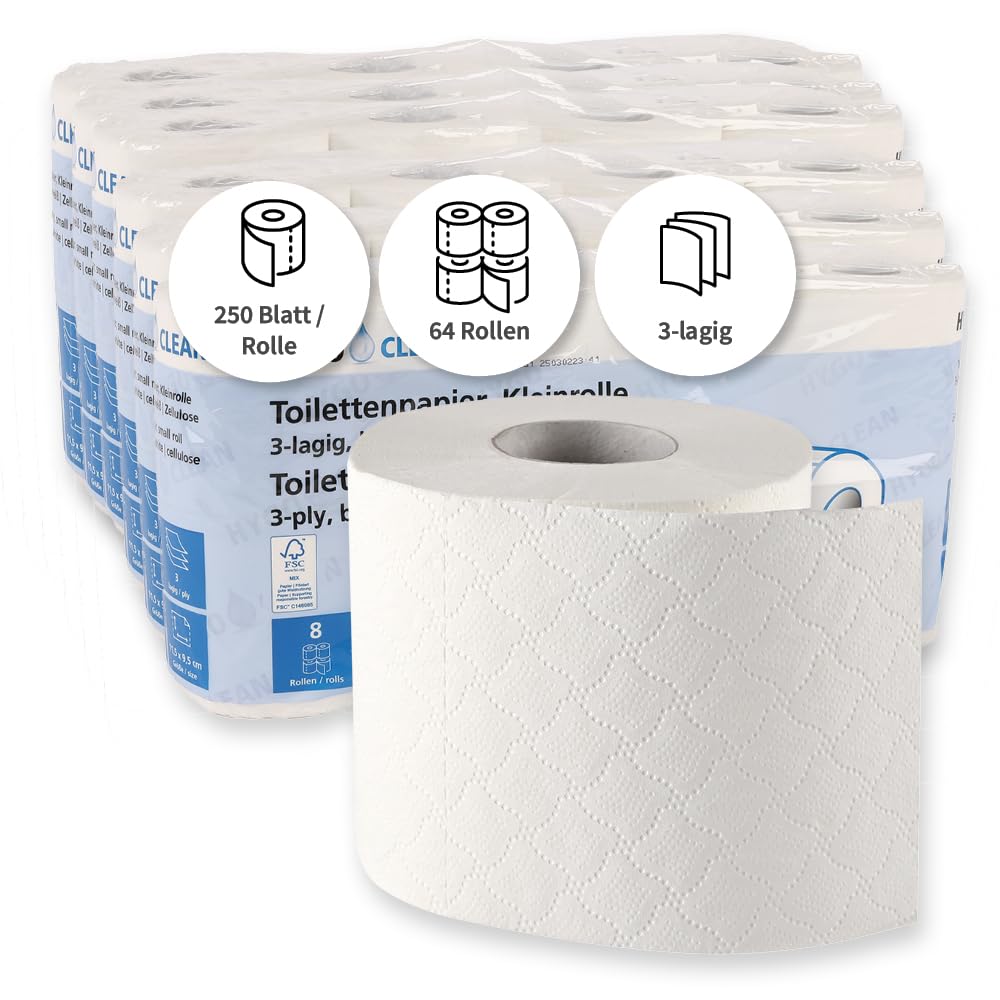 64 Stück Hygoclean Toilettenpapier, Kleinrolle, 3-lagig, weiß | Zellulose, FSC®-Mix, weiß, Abrisse: 250, L: 11,5cm, B: 9,5cm