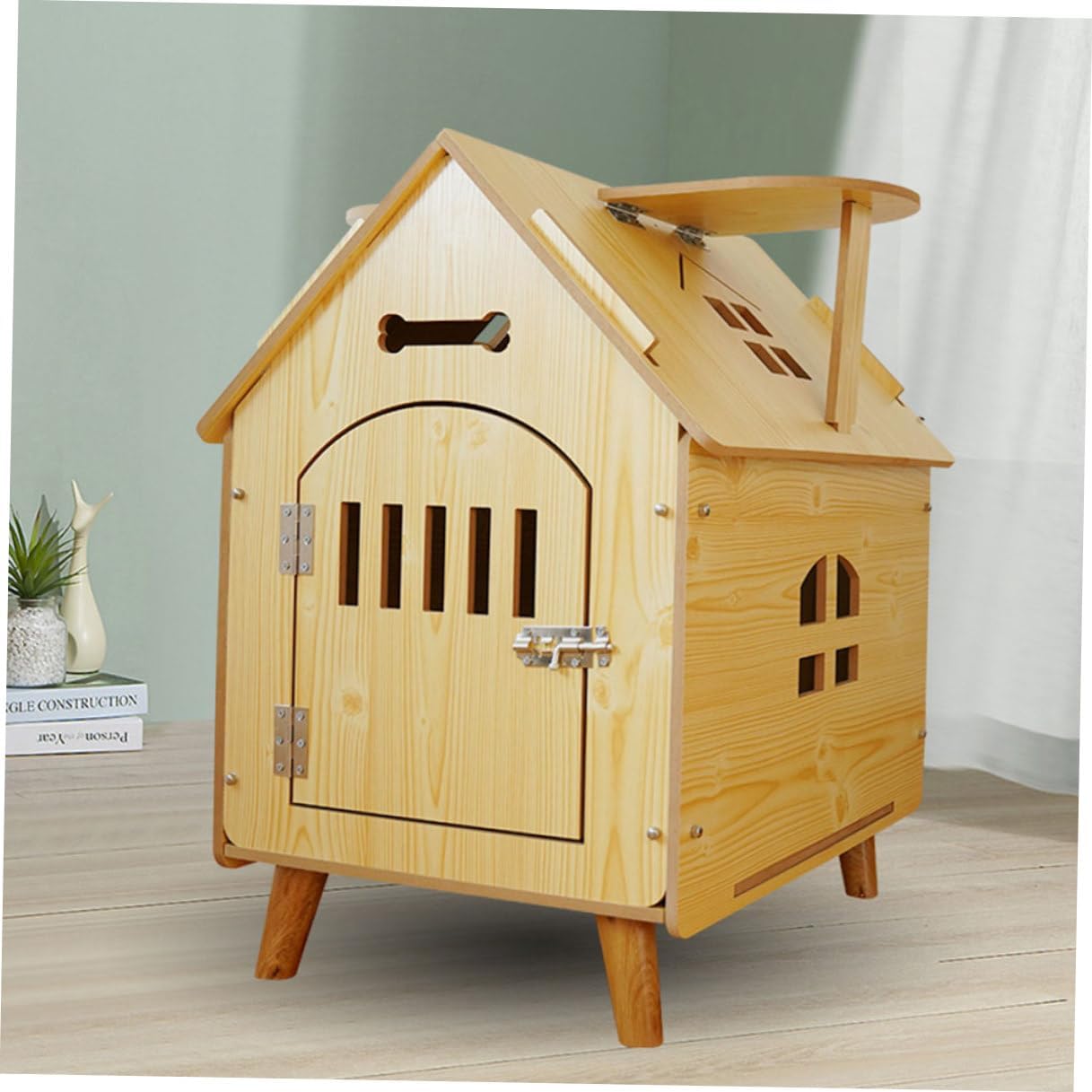 DOITOOL Wooden Dog Shelter and Outdoor Wooden Kennel Medium Size Pet Nest with Protective Fence for Dogs Indoor and Outdoor Use