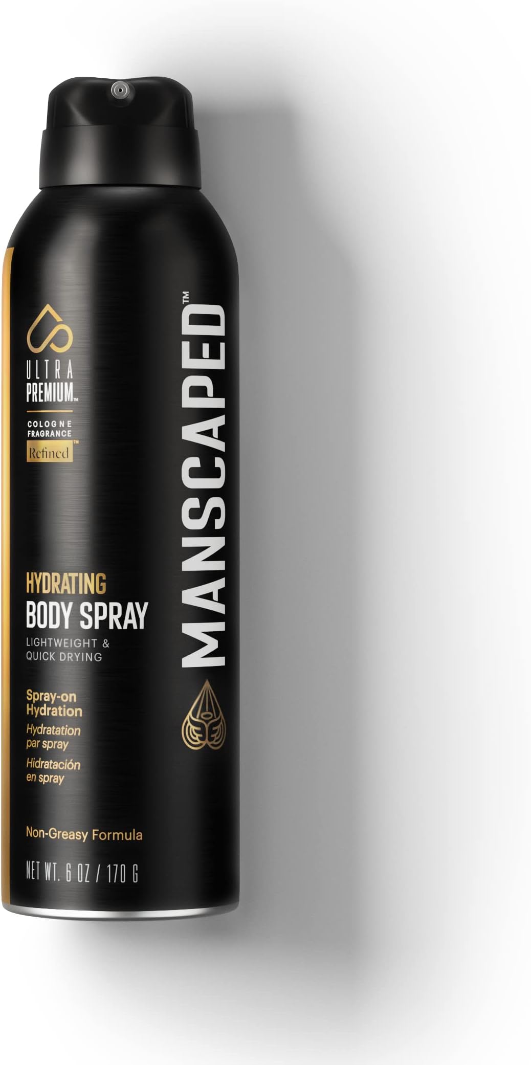 MANSCAPEDยฎ UltraPremium Hydrating Body Spray, Non-Greasy Quick Drying Spray-On Moisturizer Formula with Red Algae and Hyaluronic Acid for Skin Hydration (6 oz Aluminum Bottle)