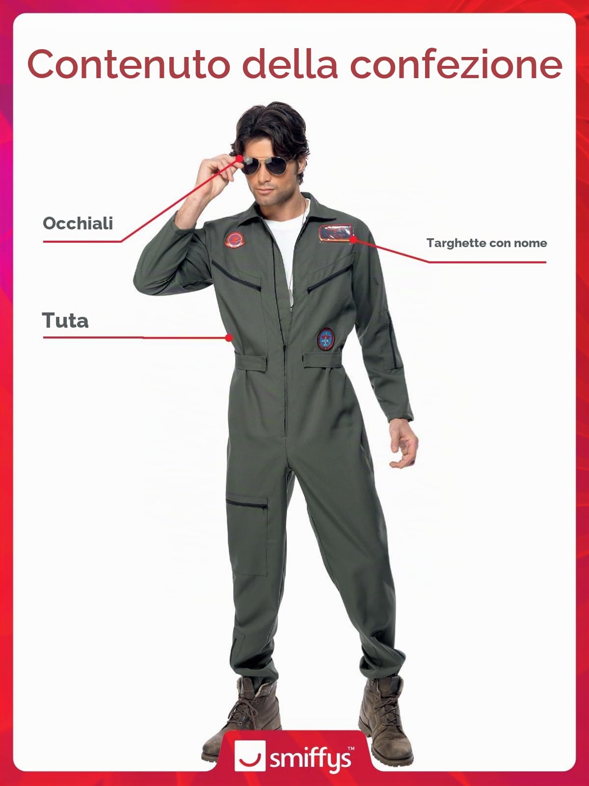SMIFFYS Smiffys Licenciado Oficialmente Costume Top Gun, Verde, Con Tuta Intera, Targhette Di Identificazione E Occhiali Singolo Uomo (Pacco da 1)