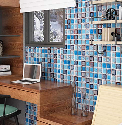 Livelynine Waterproof Wallpaper For Bathroom Shower Wall Decorative Contact Paper Self Adhesive For Furniture Stickers Kitchen Backsplash Tiles Peel And Stick Counter Removable Blue Mosaic 15.8"X78.8" #TOP3