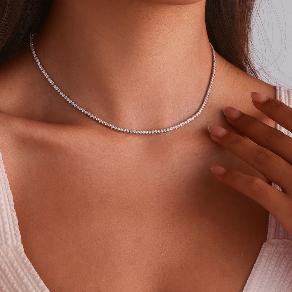 D Color VVS1 2mm Moissanite Tennis Necklaces for Women, Dainty Adjustable Tennis Choker Necklace, s925 Sterling Silver Eternity Chain Anniversary Birthday Gifts