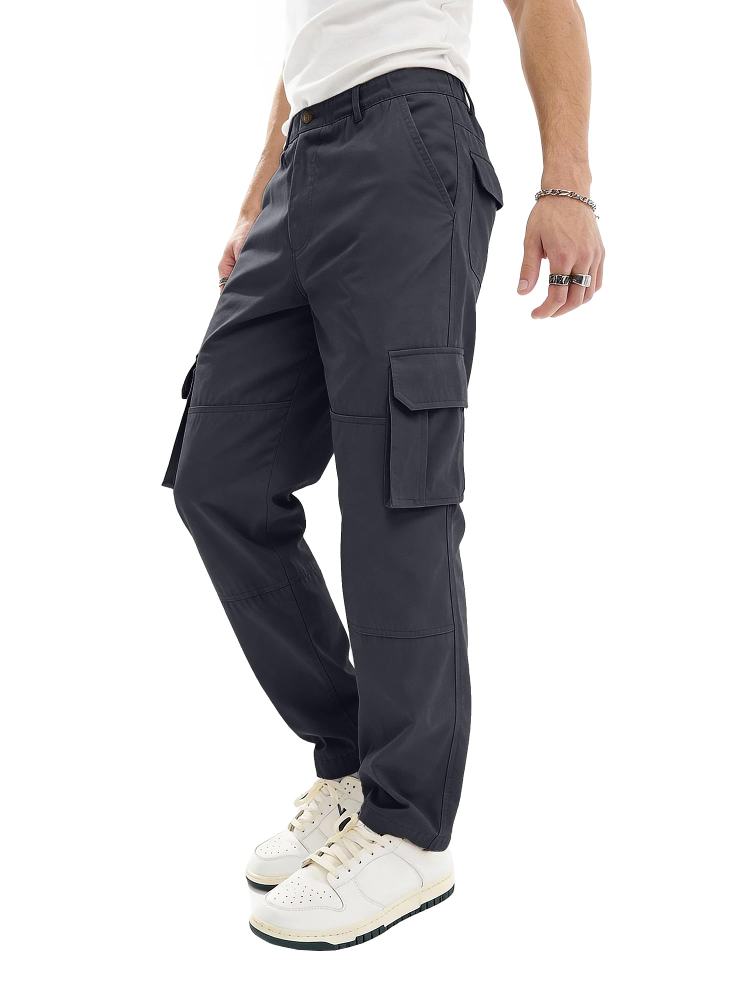 Mens Casual Straight Leg Stretch Cargo Pants Lightweight Relaxed Fit Drawstring Elastic Waist Pants with Multi Pockets