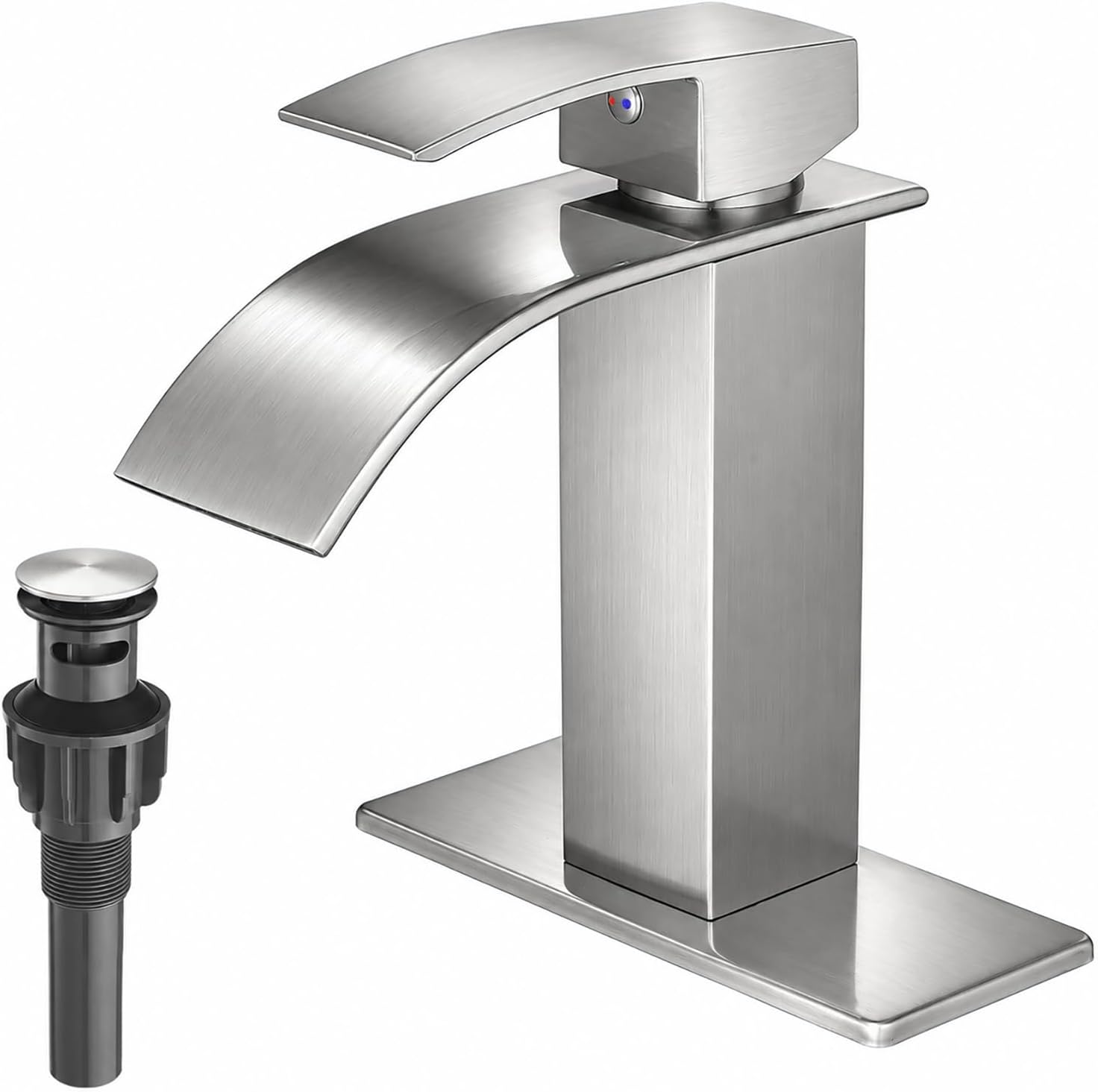 VOTON Waterfall Bathroom Faucet, Brushed Nickel 1-Hole with Deck & Drain | | SUS304 Stainless Steel | Rust-Resistant | Waterfall Flow