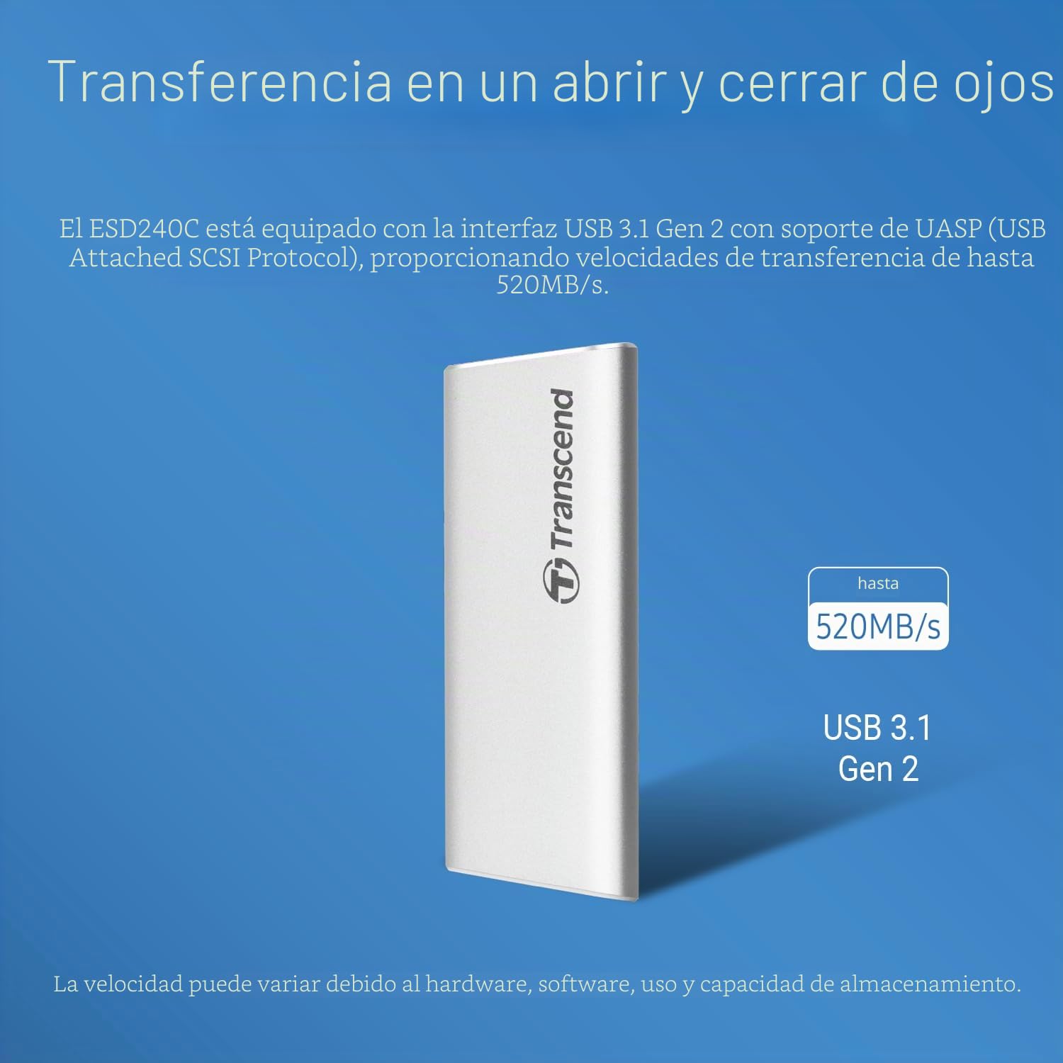 Transcend ESD240C - Disco Sólido Externo de 240 GB, USB 3.1 Gen 2 Tipo C (Lectura hasta 520MB/s)