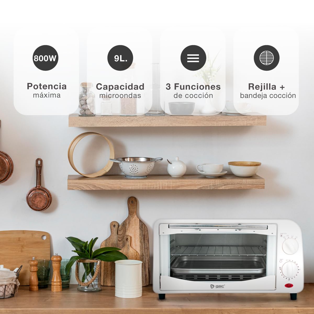 GSC Evolution | Horno eléctrico sobremesa Essenza | 9L | 800W |Doble Cristal | Temporizador 30 minutos | Limpieza fácil