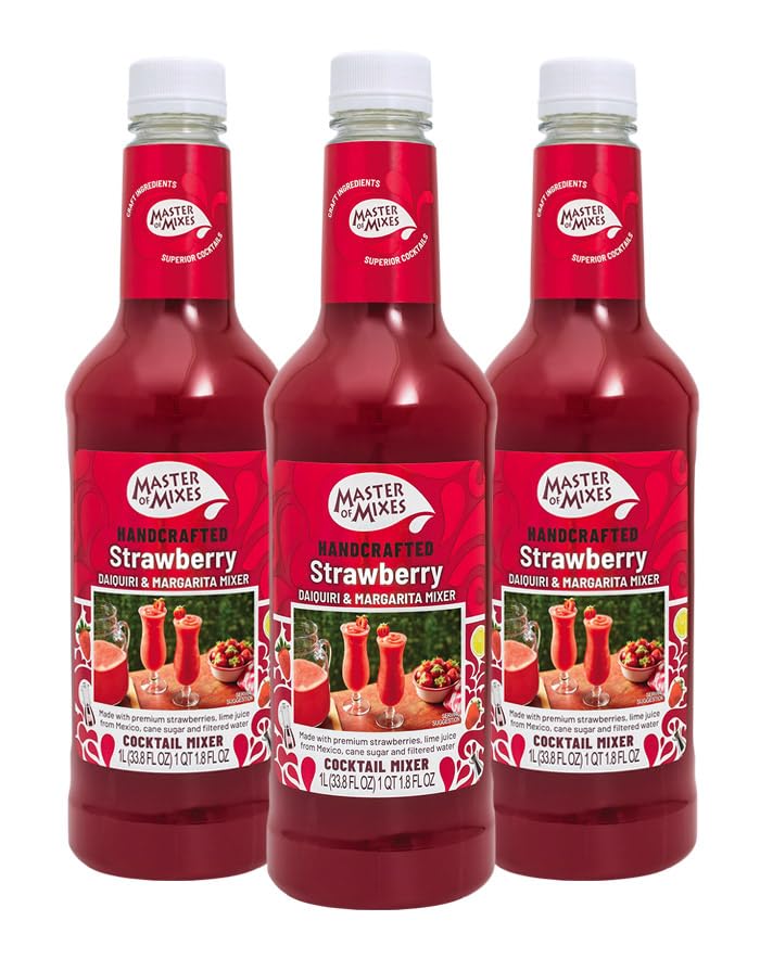 Master of Mixes Strawberry Daiquiri / Margarita Drink Mix, Ready To Use, 1 Liter Bottle (33.8 Fl Oz), Pack of 3
