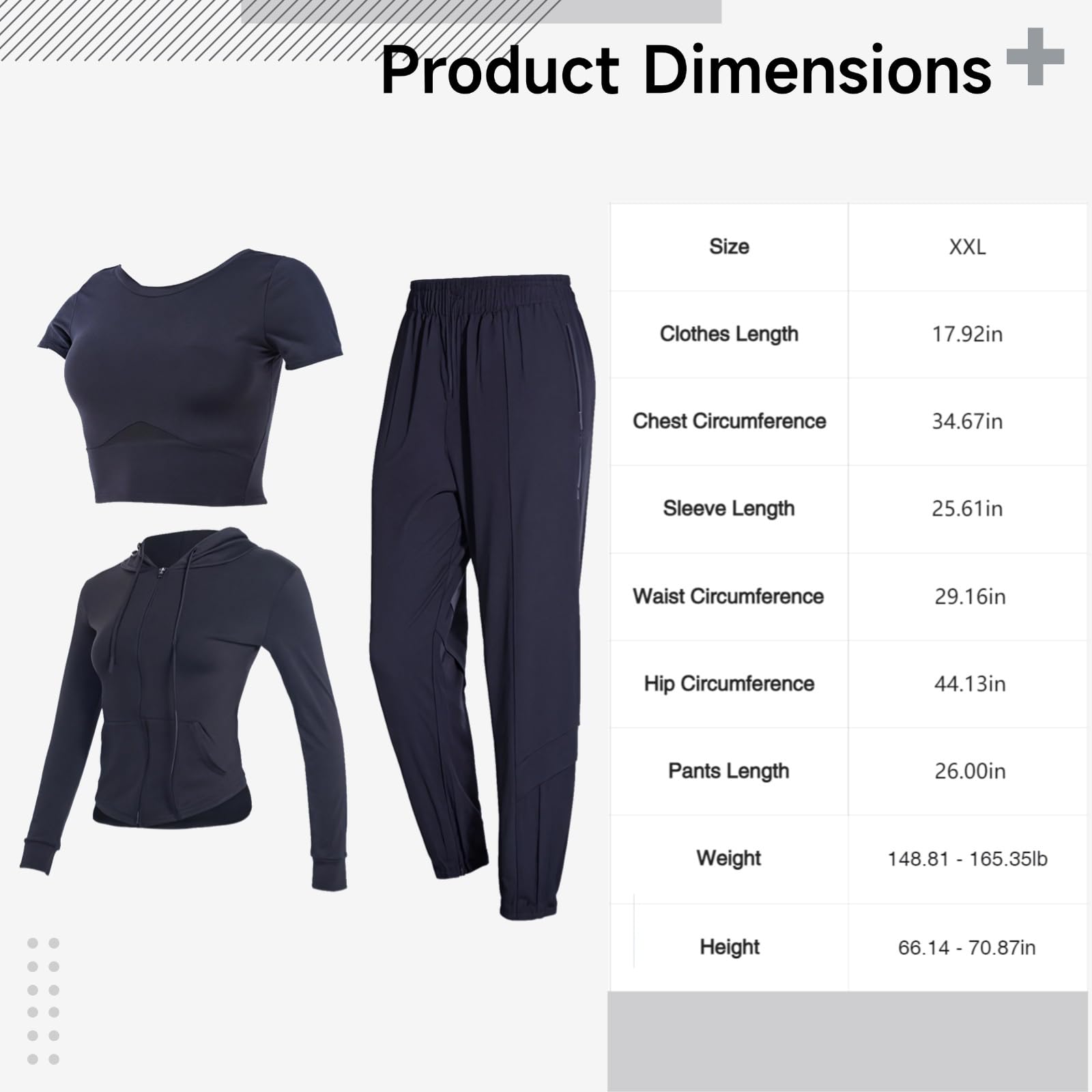 Damski zestaw odzieży fitness XXL - bluza z kapturem, koszulka i spodnie ze stretchu, nylon spandex, pasuje do wzrostu 176-298 cm, waga ciała 176-298, Czarny, XXL