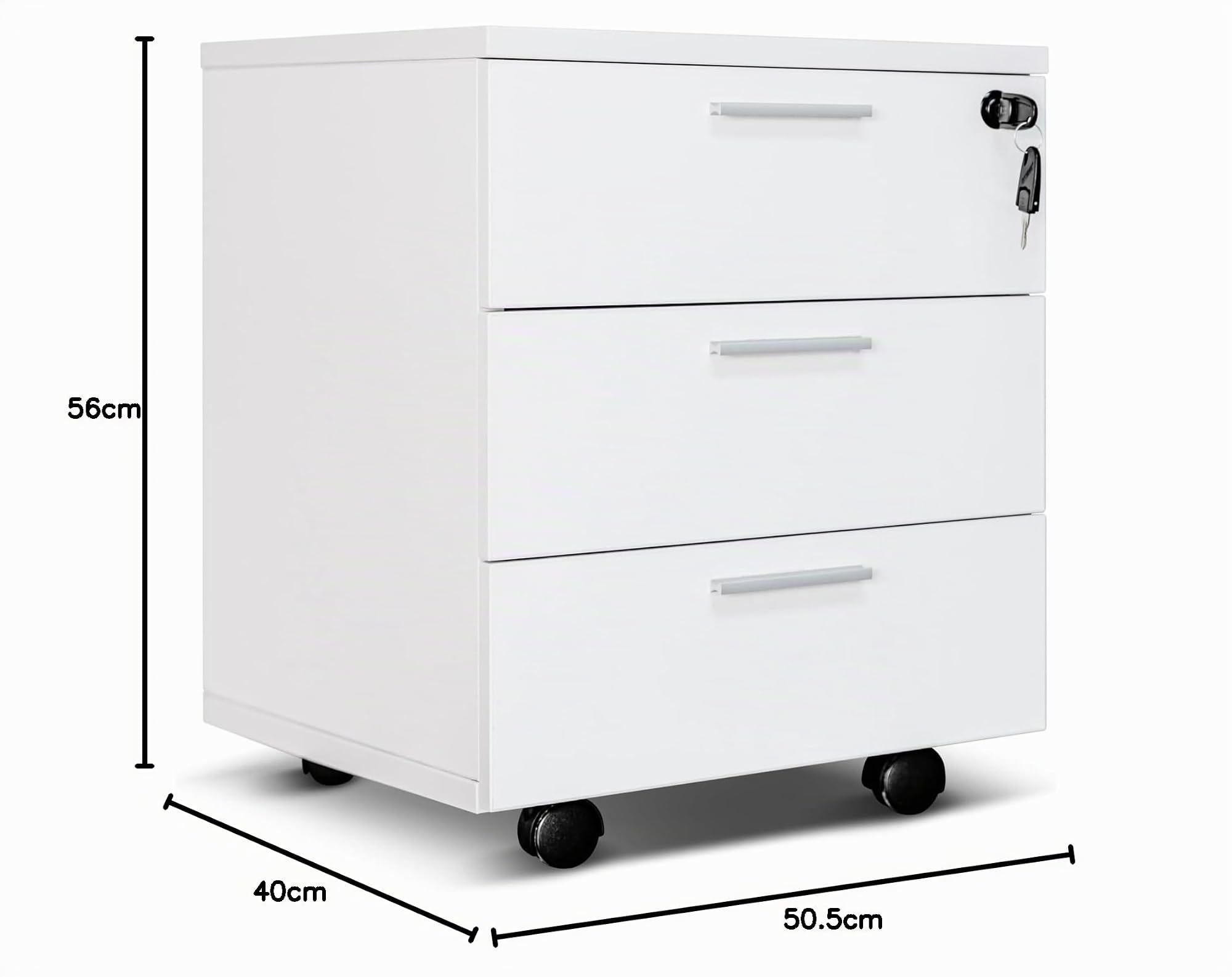 Cassettiera da Ufficio con Rotelle, Mobile con Tre Ampi Cassetti - Già Montata, Elegante e Pratica Soluzione per Organizzare Documenti e Accessori nel Tuo Spazio di Lavoro (Bianco)