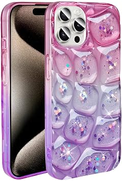 Aksesuarcim Apple ile Uyumlu iPhone 15 Pro Kılıf Silikon Simli 3D Desenli Renk Geçişli Kapak Hacar Pembe-Mor