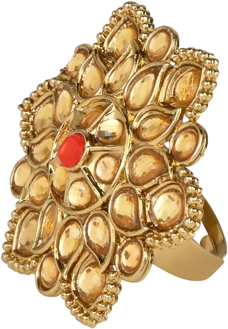 I Jewels Indian Wedding Bollywood Gold Plated Adjustable Kundan Finger Ring For Women And (FL225-9)