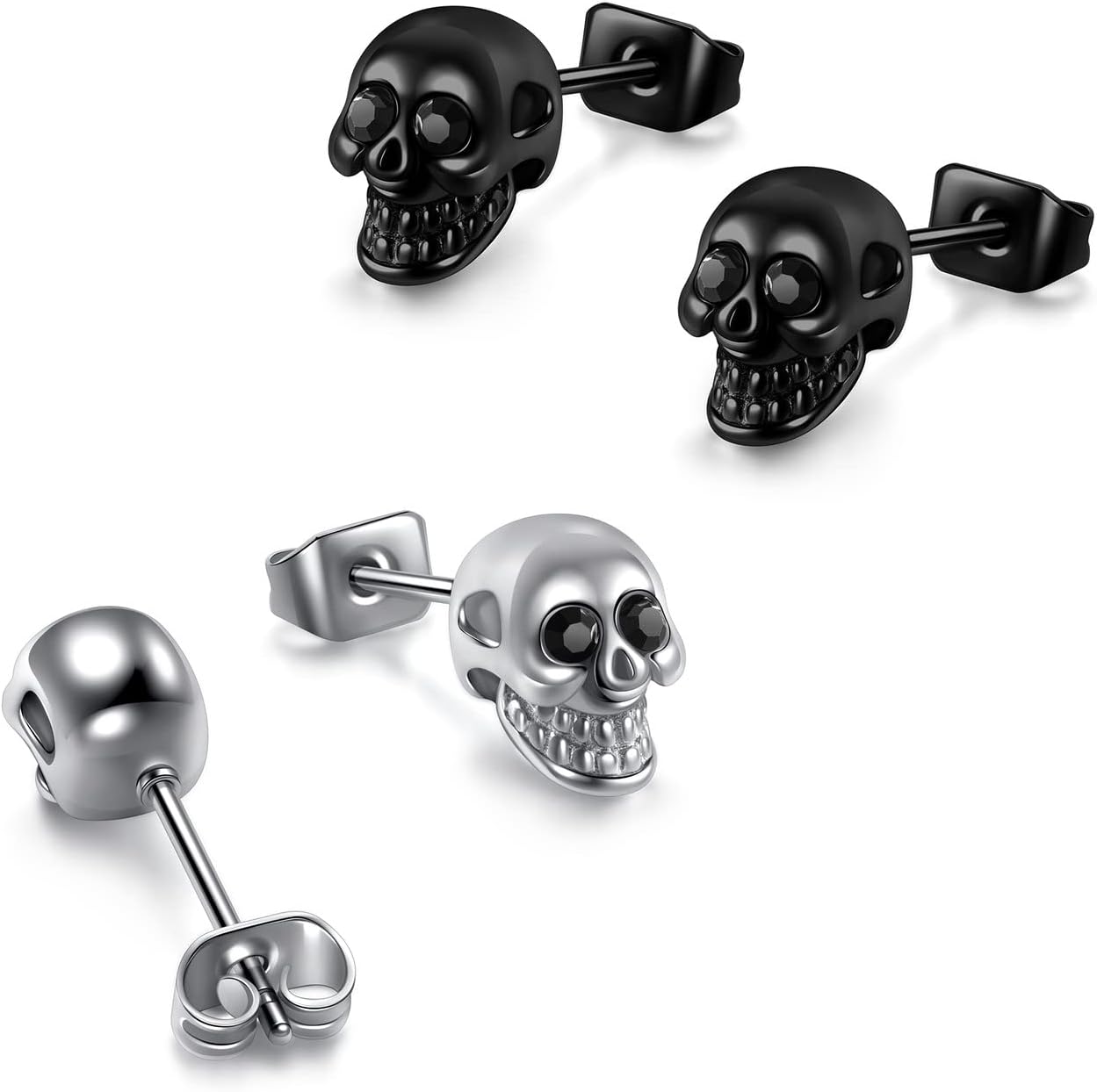 6 Pairs Punk Skull Earrings for Men Women Stainless Steel Silver Black Finger Skeleton Skull Stud Earrings Rock Ear Piercing Earrings Gothic Jewelery for Halloween - Image 2