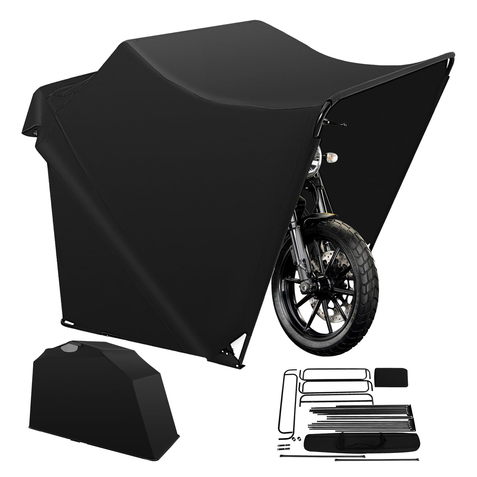 Motorrad Zeltgarage 270x105x155 cm, Oxford Stoff Klappzelt | Motorrad Abdeckplane,Allwetter-Motorradabdeckung mit Belüftungsfenstern, Schwarz
