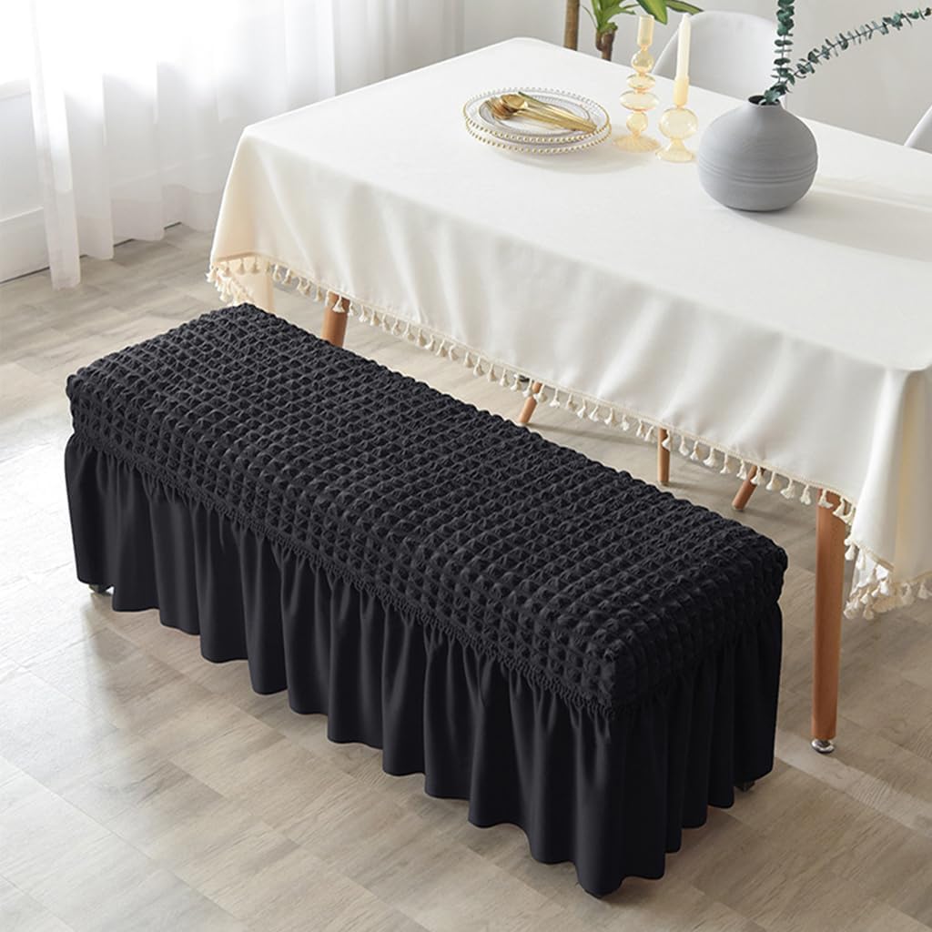 Stretch Seersucker Dining Bench Cover with Skirt 47-60inch Long Black Bench Seat Slipcover Bedroom Rectangle Washable image 5