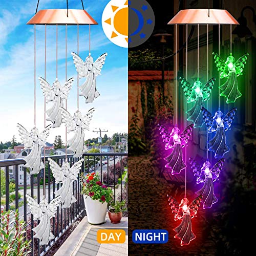 Lampelc Solar Mobile Wind Chime,Outdoor LED Light Solar Angel Wind Chimes Color-Changing Waterproof Hanging Solar Powered Chimes Lights for Garden Corridor Decoration (Angel Wind Chimes Light)