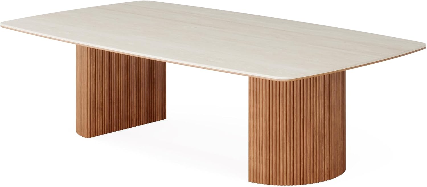 Tribesigns 6.56 ft Conference Table, Large Rectangle Meeting Seminar Table for 8-10 People Long Business Table with Travertine Slab Tabletop & Semi-Circular Stripe Base, White & Brown