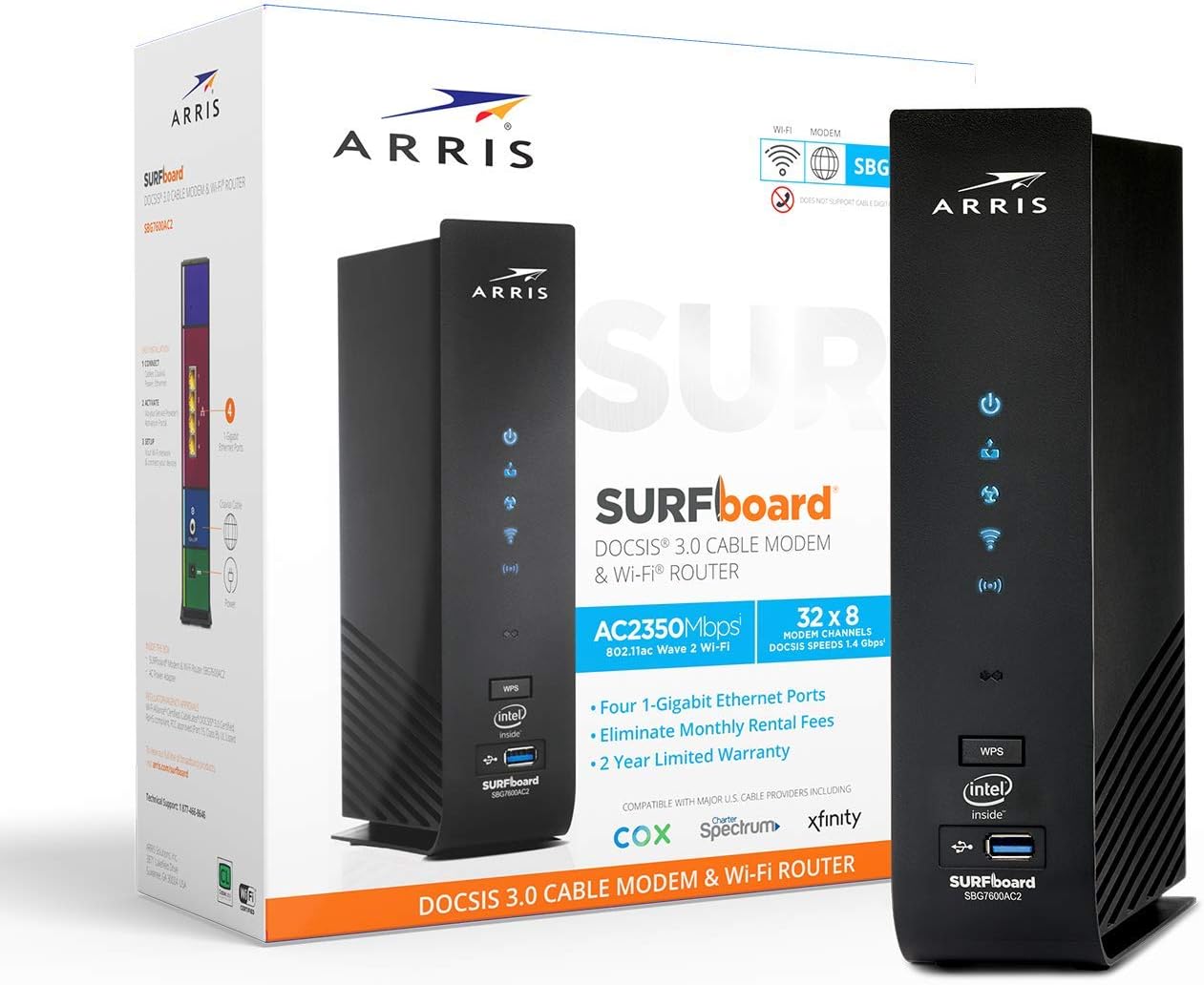 ARRIS Surfboard SBG7600AC2-RB DOCSIS 3.0 Cable Modem & AC2350 Wi-Fi Router , Approved for Comcast Xfinity, Cox, Charter Spectrum & more , Four 1 Gbps Ports , 800 Mbps Max Internet Speeds,- REFURBISHED