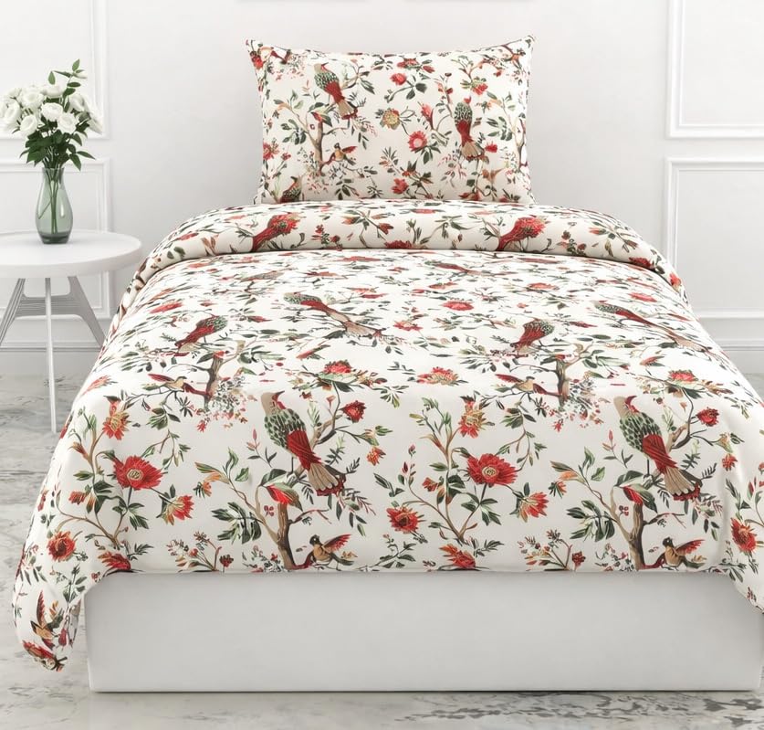 Image of elanorhomes 100% Cotton 240 TC Single Bed Sheet Set | Floral Printed Bedsheet with Pillow Cover | Soft Breathable Fabric for Bedroom | 60x90 Inches (Flying Petals)