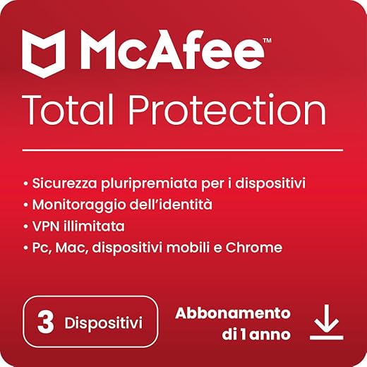 McAfee Total Protection 2024, 3 dispositivi Antivirus, VPN, gestore password, Internet Security e dispositivi mobili PC/Mac/iOS/Android Abbonamento di 1 anno Codice di attivazione via e-mail