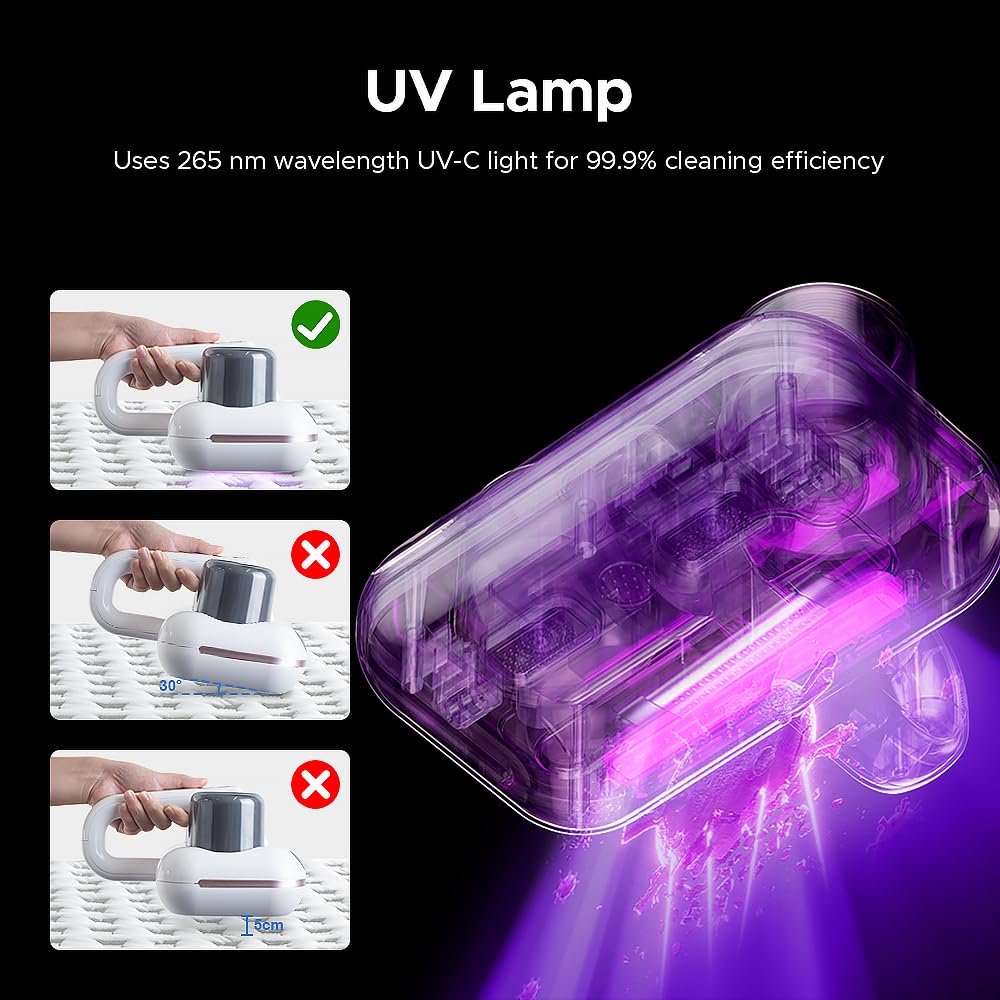 Vxoyo Aspirateur Matelas, Aspirateur de Matelas sans Fil 4 en 1 avec Lumière UV et Écran LED, Aspirateur à Main Anti-Acariens à Double Coupelle, à Ultrasons et à Forte Aspiration pour Lit