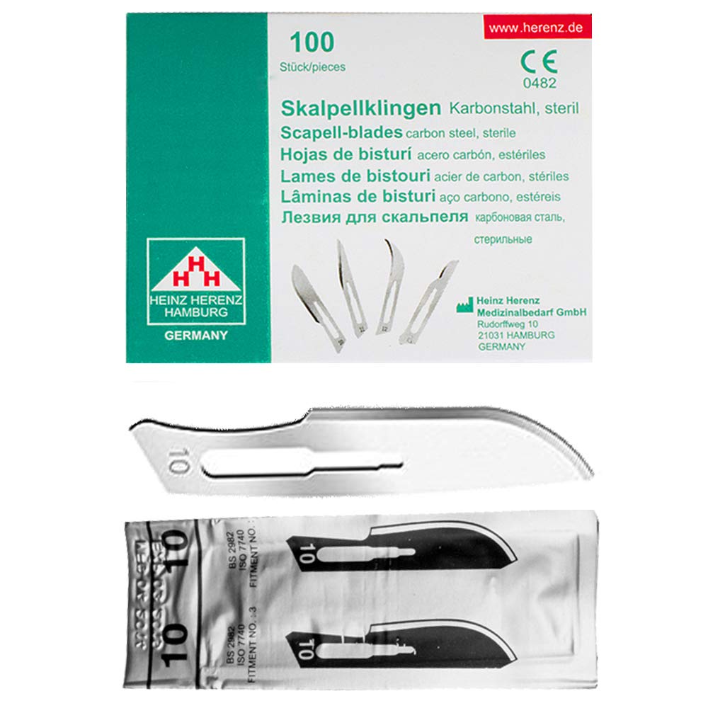 Set - 100 Stück Skalpellklingen Figur 10 aus Karbonstahl - Ersatzklingen einzeln steril verpackt + 1 x May - Skalpell-Halter mit 16 cm langem Griff - Edelstahl
