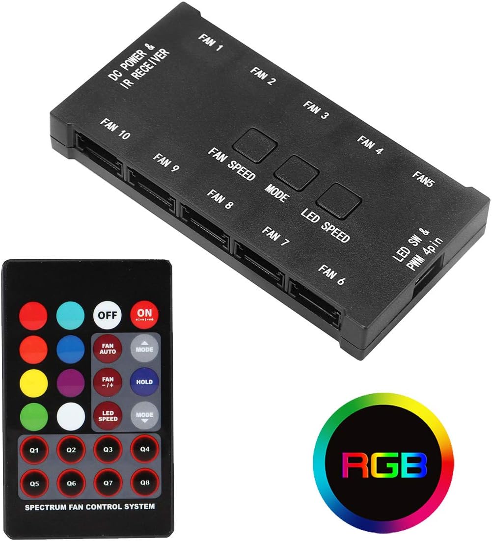 JUSTOP 10 Ports RGB PC Casing Cooling Fan Controller With Remote Control Controls Upto 10 6-Pin RGB Color LED Fans