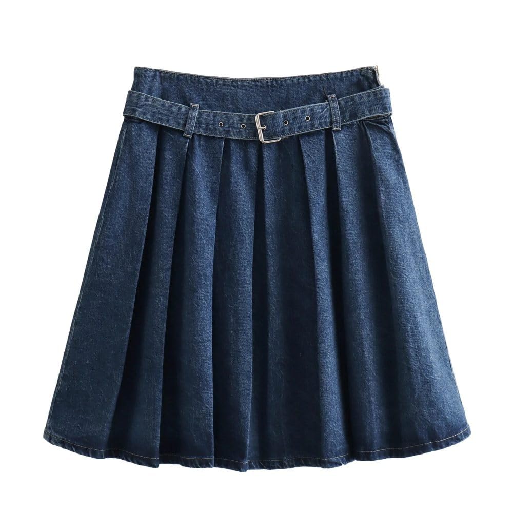 SWEPER Falda Corta De Mujer - Falda Plisada Vaquera A La Moda para Mujer, Falda Midi Versátil con Cinturón De Cintura Alta Vintage Y Cremallera Lateral para Mujer