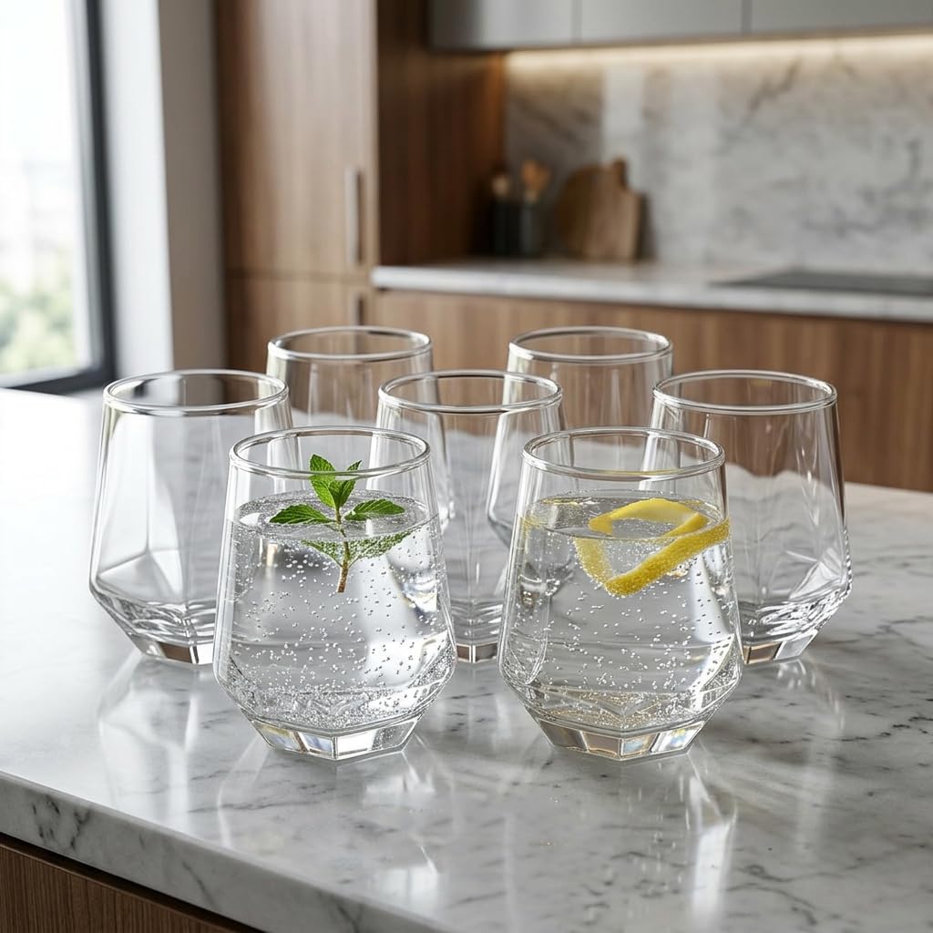 Deconox 6'lı Geometrik Cam Su ve Meşrubat Bardağı Seti - Modern Kesim Kahve Yanı Bardağı (340 ml)