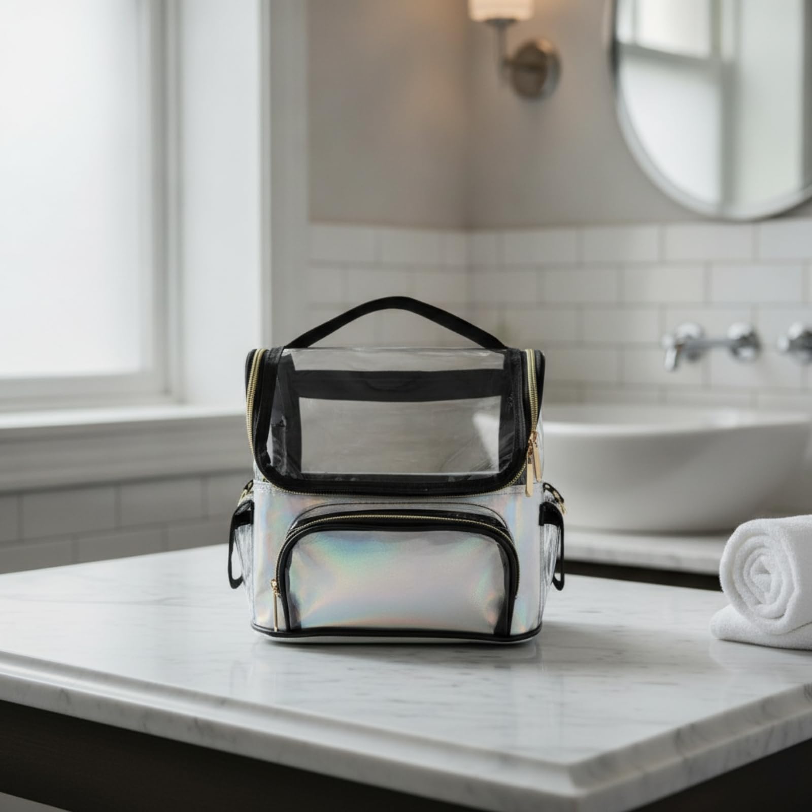 Trousse Toilette Transparente Gran Taille Trousse Maquillage Transparente Portable Sac Toilette en PVC pour urs, Array, Argenté, 27×17×22CM