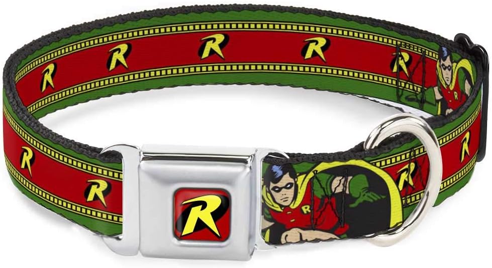 DC Comics Pet Collar, Dog Collar Metal Seatbelt Buckle, Robin Action Pose Logo Stripe Green Yellow Red Black, 20 to 31 Inches 1.5 Inch Wide