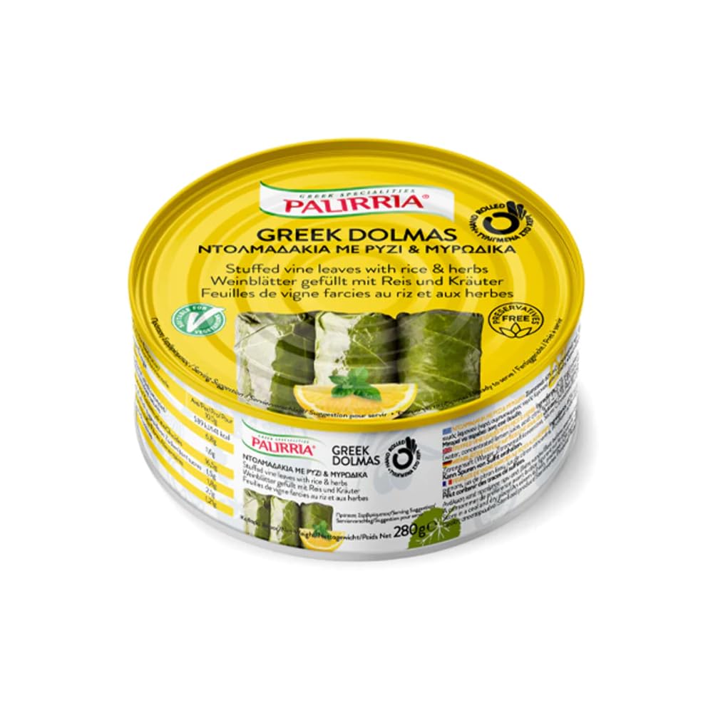 Palirria Stuffed Vine Leaves, Dolmas 10 oz. Perfect appetizer on a mezze plater with feta cheese, pitta bread, tzatziki or hummus.