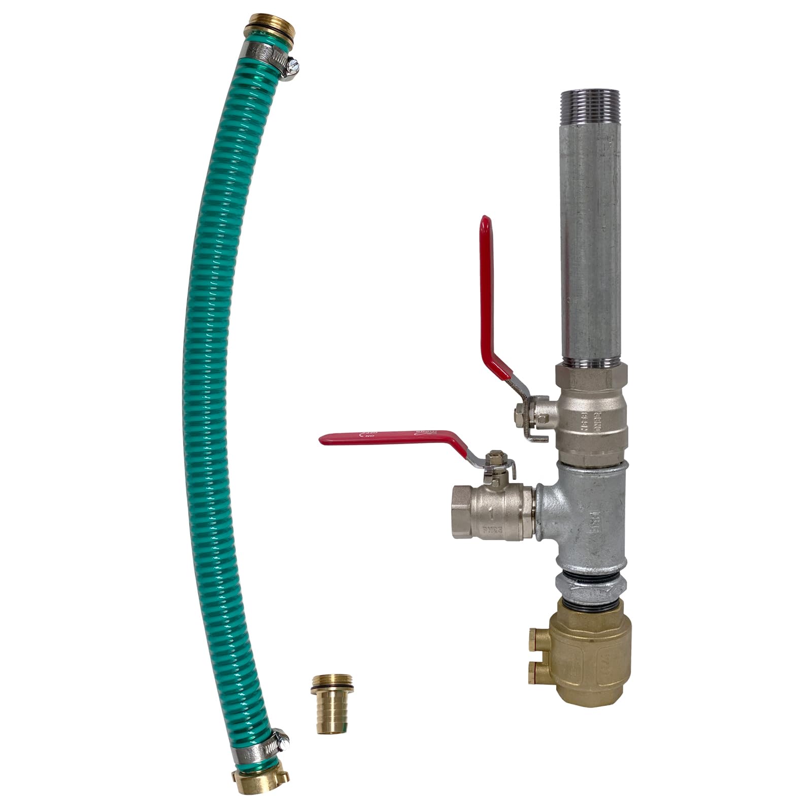 Doppelter Pumpenstock 1 1/4" (5/4") mit 2 Kugelhähnen & Rückschlagventil – Anschluss für Hand- & Elektropumpe – Rammbrunnen & Gartenpumpe (Doppelter Pumpenstock inkl. Schlauchanschluss-Set 500 mm)