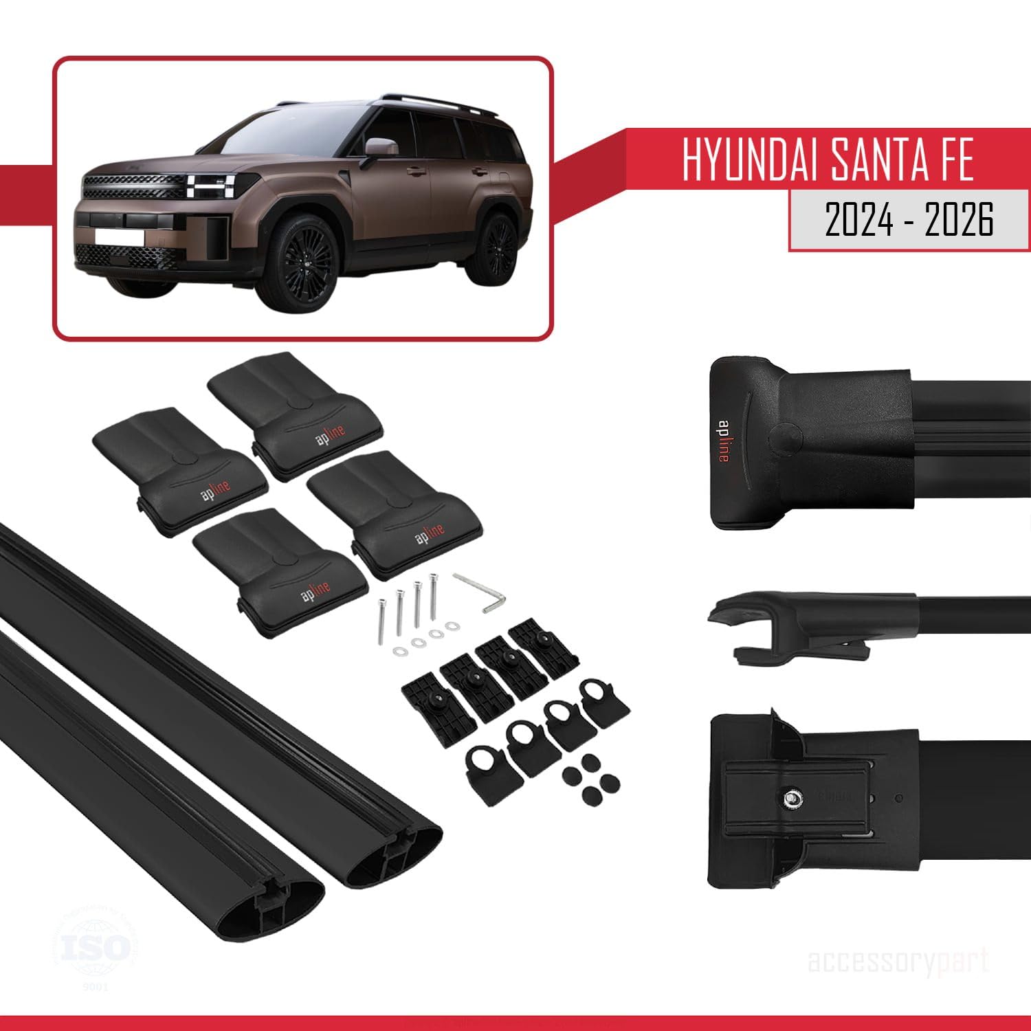 Compatible con Hyundai Santa Fe (MX5) 2024-2026 Modelo Fly Barra de Techo Auto Portaequipajes Barras Transversales Negro Aluminio 2 Barras
