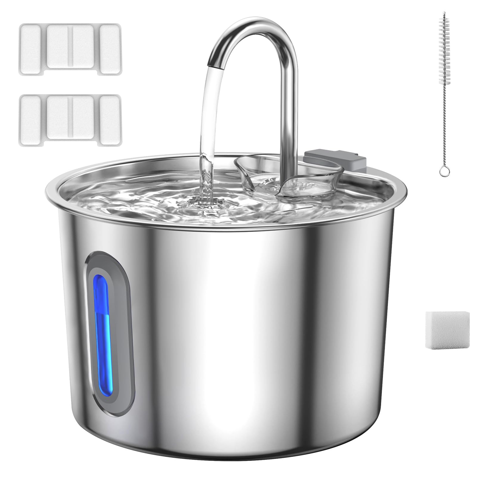 Fuente para gatos de acero inoxidable para gatos, fuente de agua para gatos, 2,2 l, fuente de agua súper silenciosa para perros, mantiene el agua fresca, con 2 filtros de carbón + 1 esponja