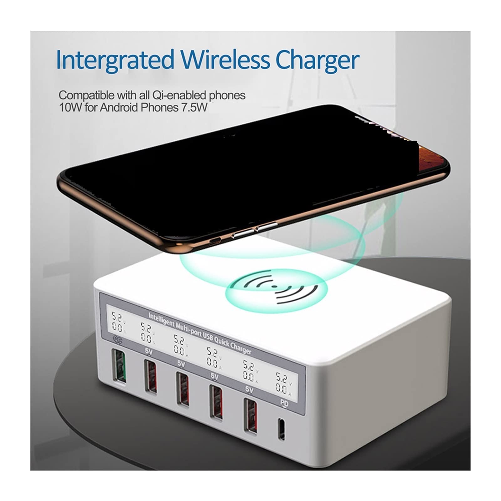 Chargeur USB, Station de charge USB 40 W, 6 ports USB rapides for station d'accueil, chargeur sans fil, organiseur de chargeur multi-appareils for téléphones, tablettes, smartphones(White wireless)