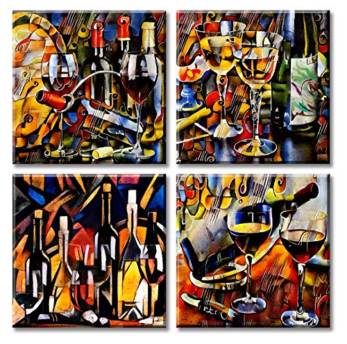 JiazuGo Wine Canvas Wall Art Abstract Graffiti Cup and Bottle Pictures Modern Artwork Colorful Painting Printed for Kitchen Dining Room Home Decor 12x12 inch x 4 Stretched Framed Ready to Hang