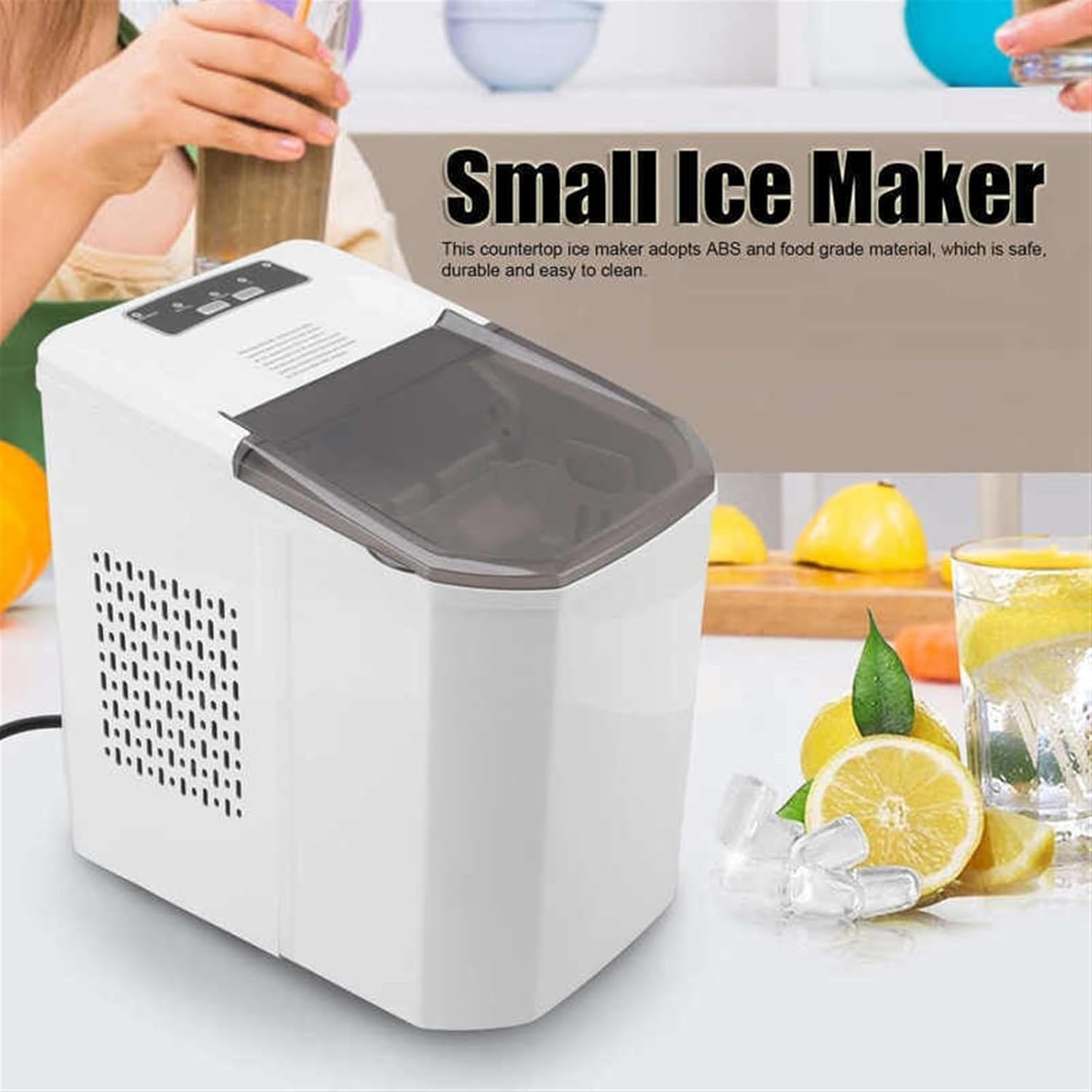 ABS Countertop Ice Maker,Full Automatic Edible 9 Ice Cubes in 8 Mins,Food Grade Durable Ice Cube Maker for Home Bar Office Party