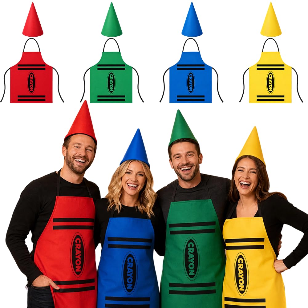 4Pcs Crayon Apron Costume Set, 4 Colors Fancy Crayon Costume Set, Fancy Crayon Apron and Funny Cone Hats Costume Set for Adults Family Men Women Dress Suit for Halloween Funny Crayons Dress Up Costume