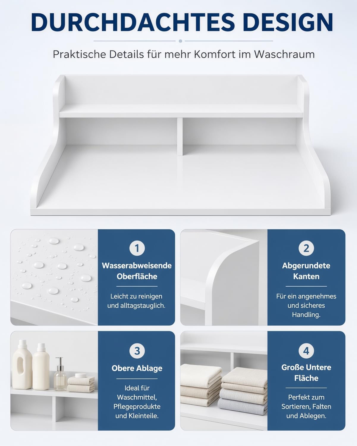 Arbeitsplatte für Waschmaschine und Trockner, 2 Ebenen, 137 x 69.8 cm | Mit Zusatzregal für Deko und Zubehör, Holzplatte mit Kantenleiste, ideal zum Falten und Ordnen in Waschküche oder Bad Weiß