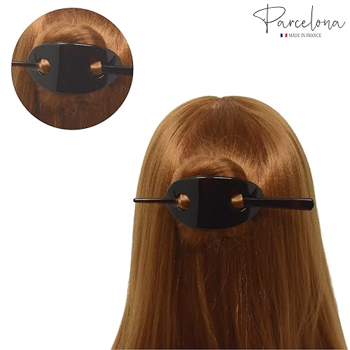 Miniatura 4 de Parcelona Francés clásico ovalado marrón tortuga Shell moño cubierta titular del pelo deslizante Pin a través del clip de pelo pasador con palo