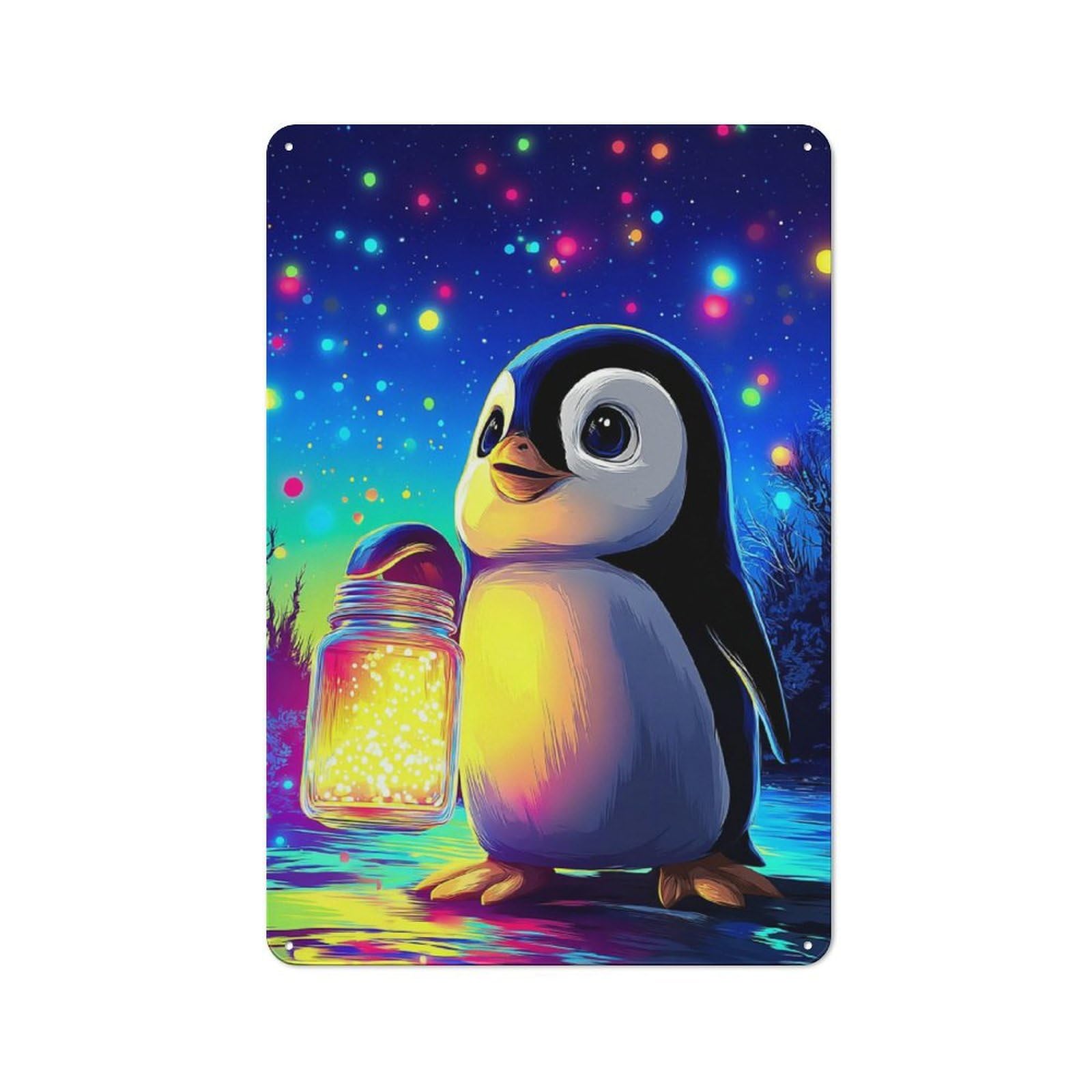 Classic Metal Plaque 30x20cm Featuring Penguin with Sparkling Jar, Bistro Wall Plaque for Kitchen, Cafe, Pantry Or Dining Room