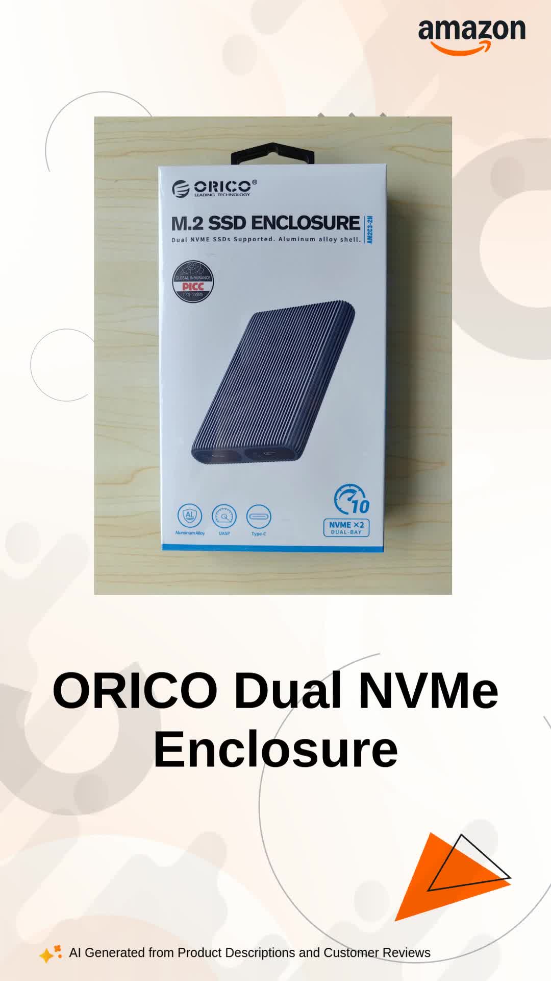 ORICO Dual M.2 NVMe SSD Enclosure Aluminum USB3.2 Gen2 Type-C