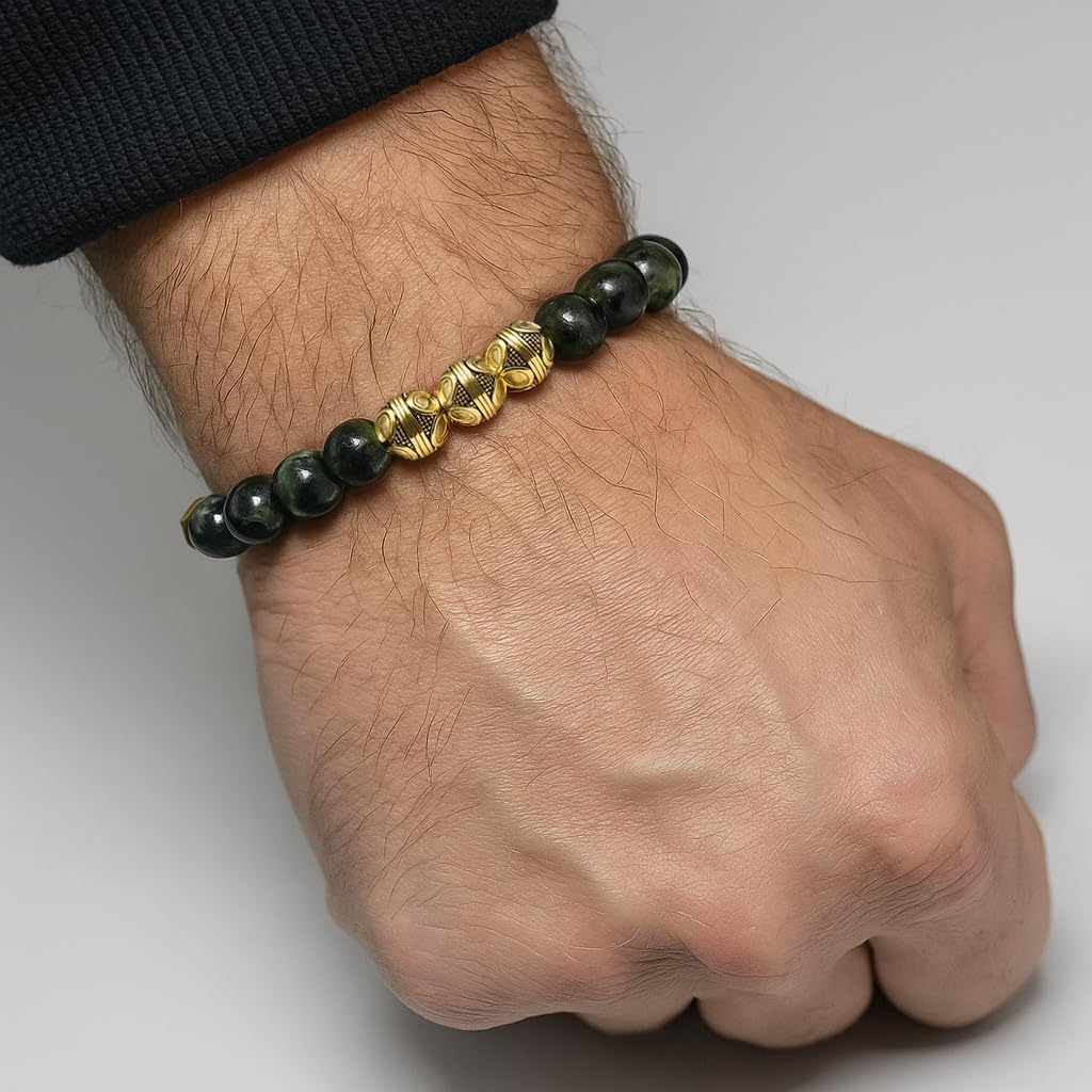 Kartini Studio Men's Jade and Gold Beads Bracelet, Men's Bead Bracelet, Quality Bead Jewelry for Man