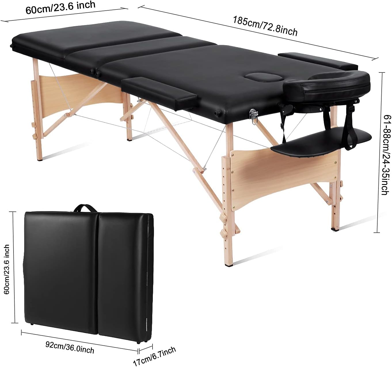 N A Massage Table 3 Fold Portable Facial Bed SPA Bed Treatment Table 84" 3 Fold Height Adjustable with Carrying Bag (Black)