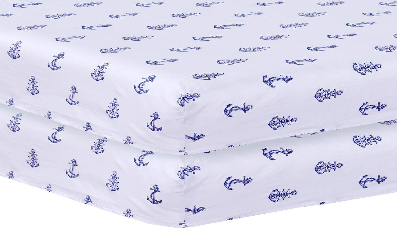 Linen Zone - 2 x Baby Cot Fitted Sheets - Size 70x140 cm - Easy Care, Soft and Durable (Blue Anchor)