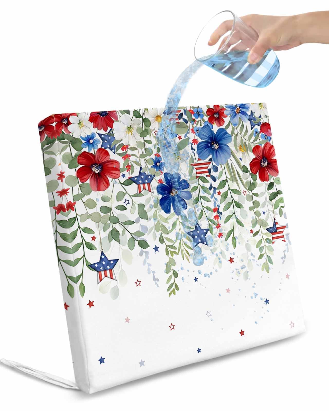 Hokiten 4th of July Outdoor Cushion Chair Cover Set of 2 - Waterproof Couch Seat Covers, Blue Red Spring Floral Independence Day Patio Furniture Protector Cushions Slipcovers for Sofa/RV, 24