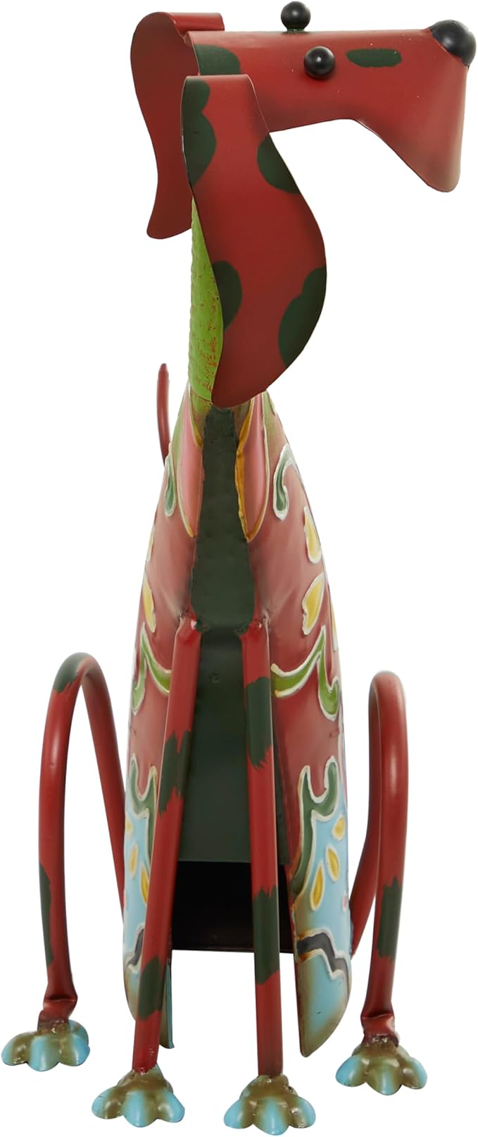 Made of durable metal, this outdoor sculpture is designed to withstand the elements and can be enjoyed year-round. The multi-colored finish adds a pop of color to your outdoor decor, while the intricate floral pattern adds a dose of charm and elegance. Whether you display it in your garden or on a shelf indoors, this dog sculpture is sure to be a conversation piece and a delightful accent to your space.