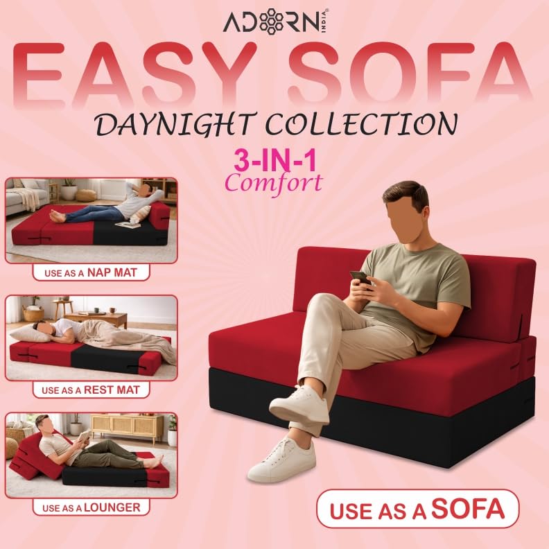 Image of Adorn India Easy Desmond 4 Seater Sofa Cum Bed 6 X 6 (Red & Black) (1 Year Warranty)