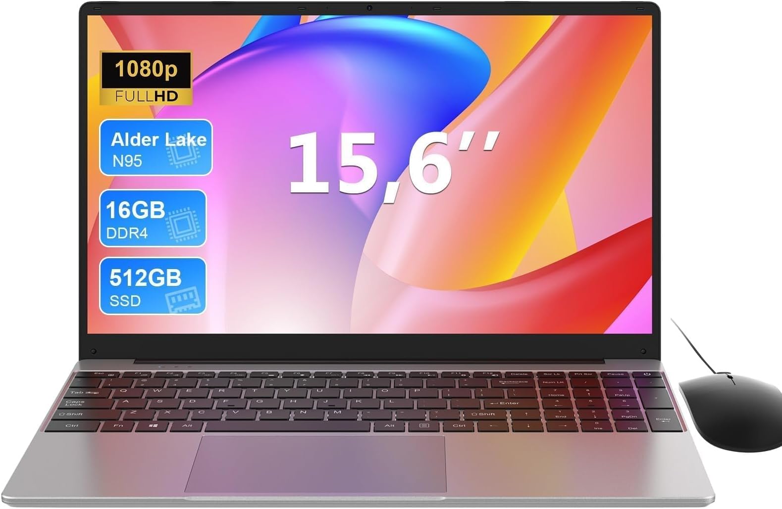MAXLEGEN 15.6 Inch Laptop, Quad Core N95, 16GB RAM 512GB SSD, Notebook with Backlit Full-Size Keyboard, Numeric Keypad, 5G WiFi, Bluetooth/HDMI/USB 3.0, Win11 Notebook for Work Study, Mouse Included: image 1 of 8