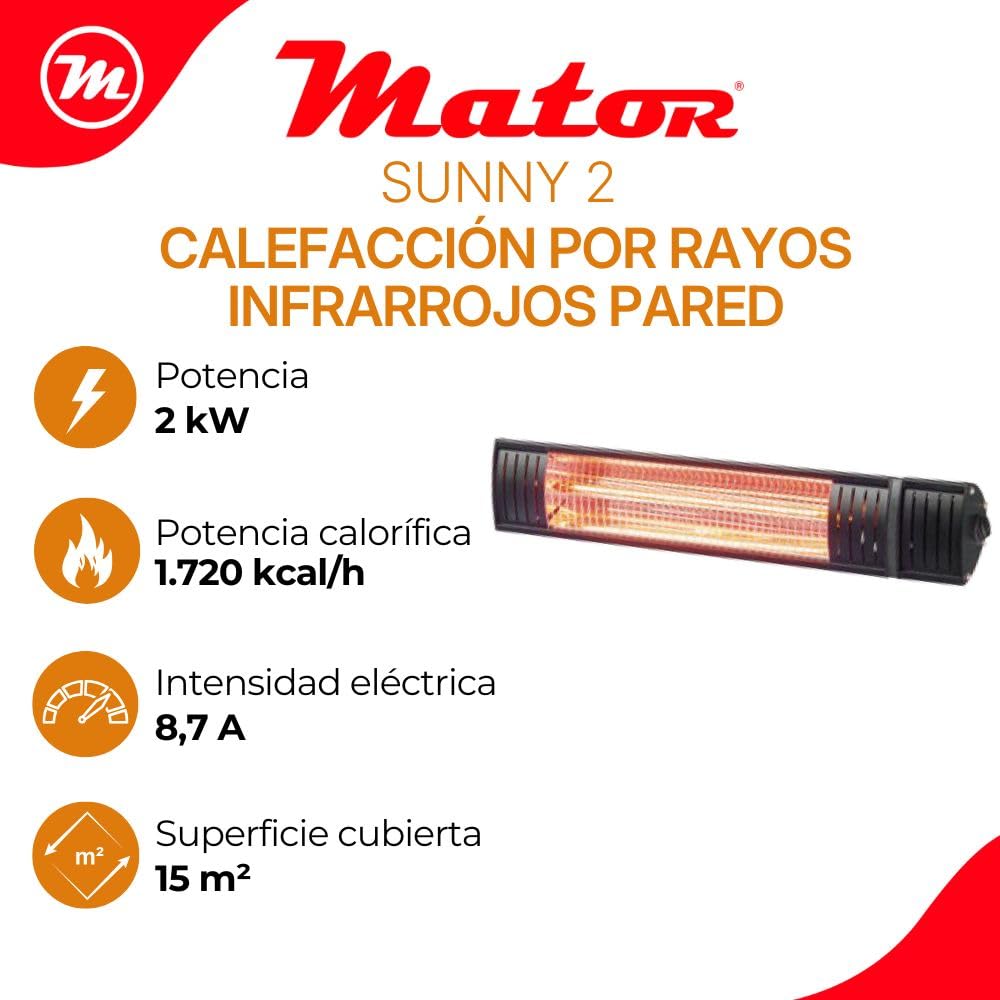 SUNNY Calefactor infrarrojo de pared interior y exterior. Tecnología GOLDEN TUB calor instantáneo 1500/2000 W. Protección IP65 resistencia total al agua y al polvo. Mando a Distancia. (2000W)